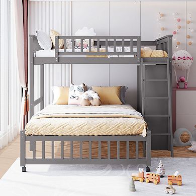 Merax Wooden Twin Over Full Bunk Bed With Six Drawers And Flexible Shelves,Bottom Bed With Wheels