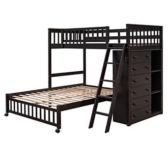 Merax Wooden Twin Over Full Bunk Bed With Six Drawers And Flexible Shelves,Bottom Bed With Wheels