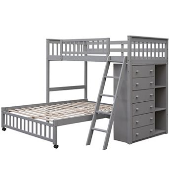 Merax Wooden Twin Over Full Bunk Bed With Six Drawers And Flexible Shelves,Bottom Bed With Wheels