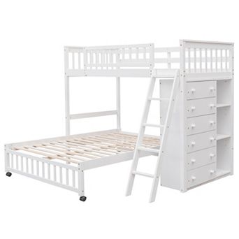 Merax Wooden Twin Over Full Bunk Bed With Six Drawers And Flexible Shelves,Bottom Bed With Wheels