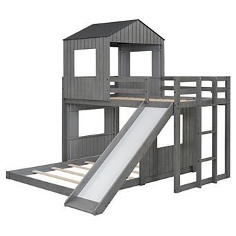 Merax Twin Over Full Bunk Bed, Loft Bed with Playhouse, Farmhouse, Ladder, Slide and Guardrails