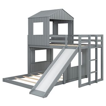 Merax Twin Over Full Bunk Bed, Loft Bed with Playhouse, Farmhouse, Ladder, Slide and Guardrails
