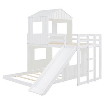 Merax Twin Over Full Bunk Bed, Loft Bed with Playhouse, Farmhouse, Ladder, Slide and Guardrails