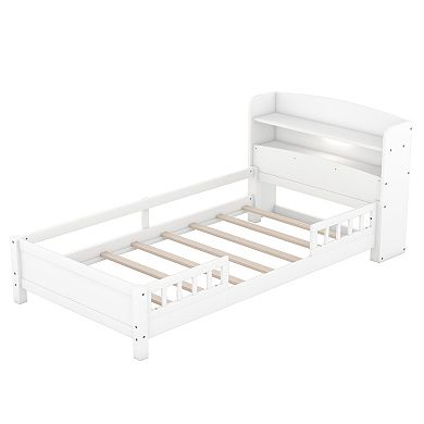 Merax Wood Platform Bed with Built-in LED Light, Storage Headboard and Guardrail
