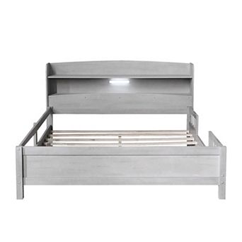 Merax Wood Platform Bed with Built-in LED Light, Storage Headboard and Guardrail