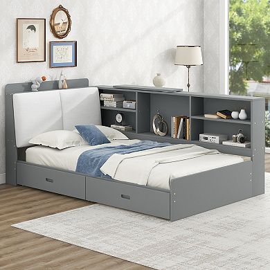 Merax Wood Platform Bed with Storage Headboard, Shelves and 2 Drawers
