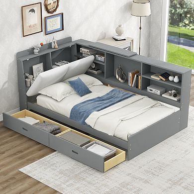 Merax Wood Platform Bed with Storage Headboard, Shelves and 2 Drawers