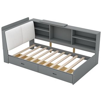 Merax Wood Platform Bed with Storage Headboard, Shelves and 2 Drawers