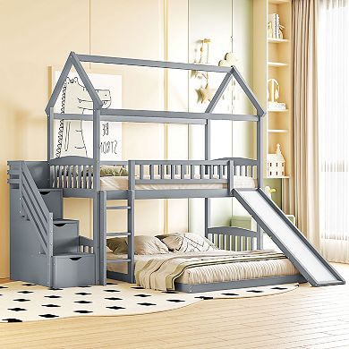 Merax Twin Over Full Bunk Bed with Slide, House Bed with Slide