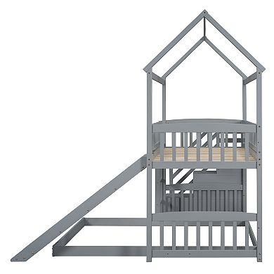 Merax Twin Over Full Bunk Bed with Slide, House Bed with Slide