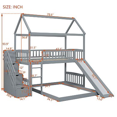 Merax Twin Over Full Bunk Bed with Slide, House Bed with Slide