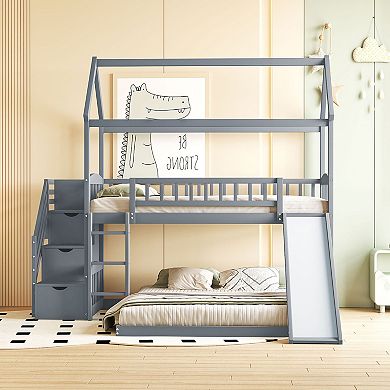 Merax Twin Over Full Bunk Bed with Slide, House Bed with Slide