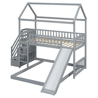 Merax Twin Over Full Bunk Bed with Slide, House Bed with Slide
