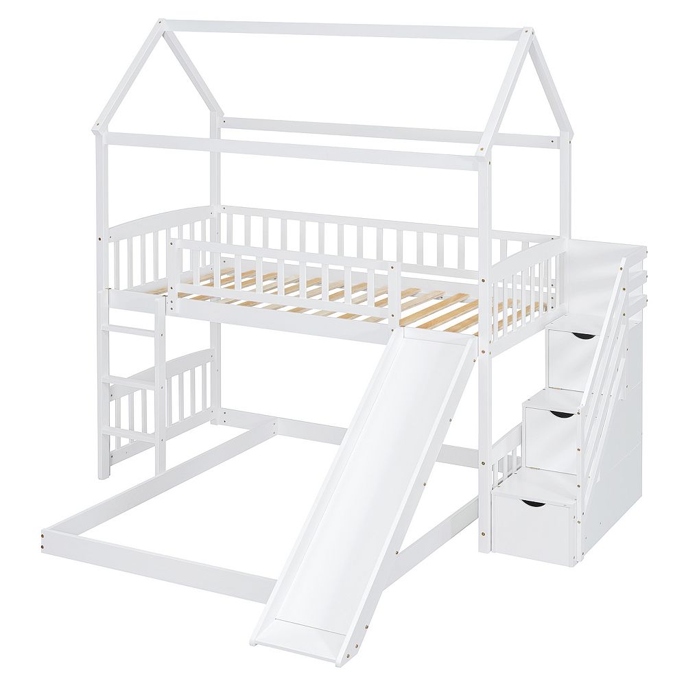 Merax Twin Over Full Bunk Bed with Slide, House Bed with Slide