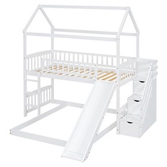 Merax Twin Over Full Bunk Bed with Slide, House Bed with Slide