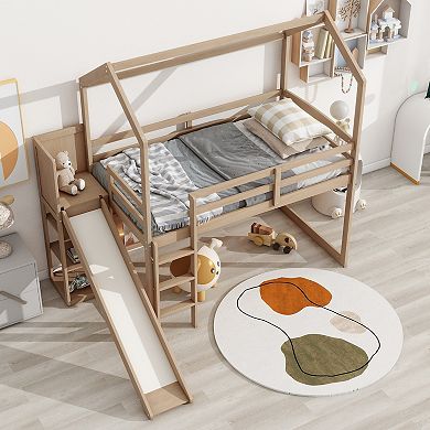 Merax Twin Size Wood House Loft bed with Slide, Storage shelves and Light
