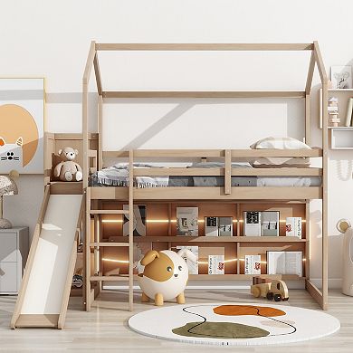 Merax Twin Size Wood House Loft bed with Slide, Storage shelves and Light