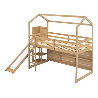 Merax Twin Size Wood House Loft bed with Slide, Storage shelves and Light