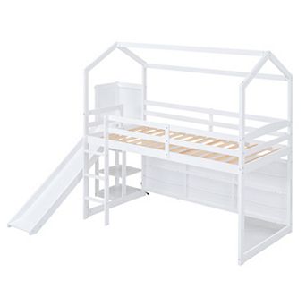 Merax Twin Size Wood House Loft bed with Slide, Storage shelves and Light