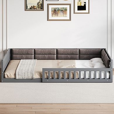Merax Wood Upholstered Platform Bed with Guardrail and Pillow