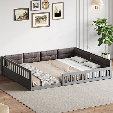 Merax Wood Upholstered Platform Bed with Guardrail and Pillow