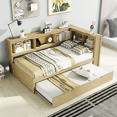 Merax Twin Size Daybed with Trundle, Storage Cabinets and USB Ports