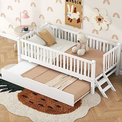 Merax Wood Twin Size Platform Bed with Guardrail and Trundle