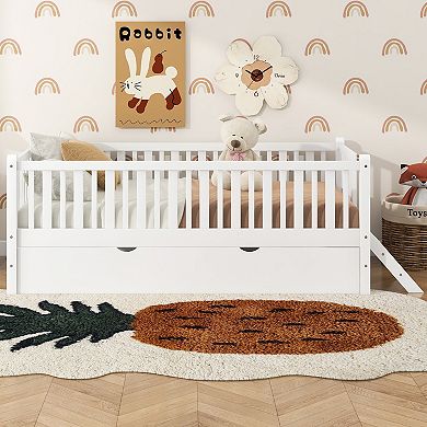 Merax Wood Twin Size Platform Bed with Guardrail and Trundle