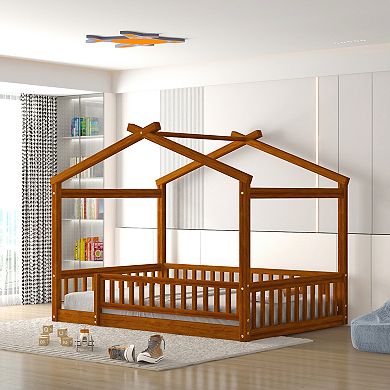 Merax Wood Bed House Bed Frame with Fence