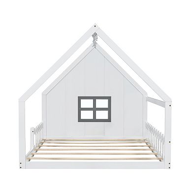 Merax Wood House Bed with Window and Fence