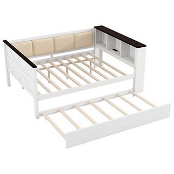 Merax Wood Daybed with Storage Shelves, Upholstered Backrest,USB and Trundle