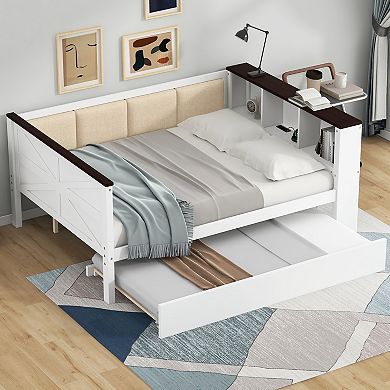 Merax Wood Daybed with Storage Shelves, Upholstered Backrest,USB and Trundle