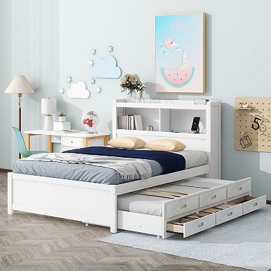 Merax Full Size Platform bed with Trundle, Drawers and USB plugs