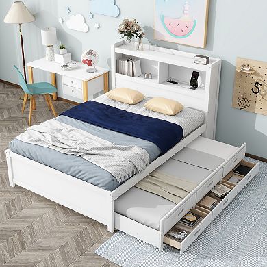 Merax Full Size Platform bed with Trundle, Drawers and USB plugs