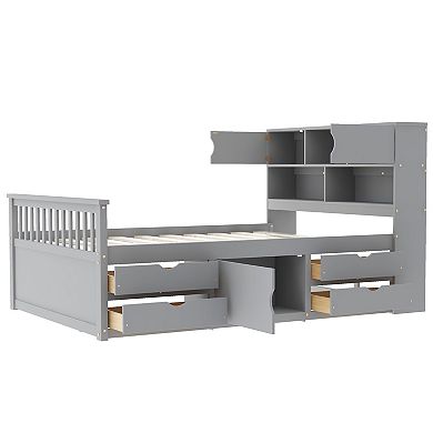 Merax Captain Platform Bed Frame with Storage Bookcases and Shelves,Four Drawers