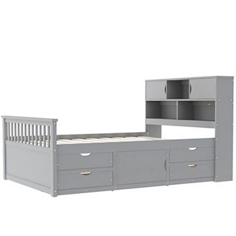 Merax Captain Platform Bed Frame with Storage Bookcases and Shelves,Four Drawers