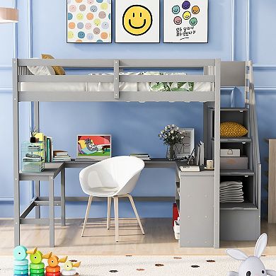 Merax Loft Bed with Built-in L-Shaped Desk and Three-Tier Storage Shelves