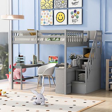 Merax Loft Bed with Built-in L-Shaped Desk and Three-Tier Storage Shelves