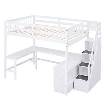 Merax Loft Bed with Built-in L-Shaped Desk and Three-Tier Storage Shelves