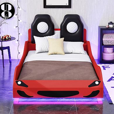 Merax Wood Race Car-Shaped Platform Bed with LED and Upholstered Backrest