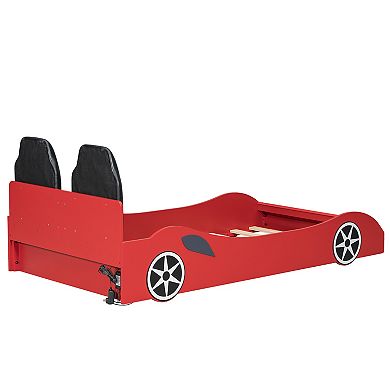 Merax Wood Race Car-Shaped Platform Bed with LED and Upholstered Backrest