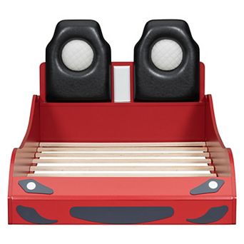 Merax Wood Race Car-Shaped Platform Bed with LED and Upholstered Backrest