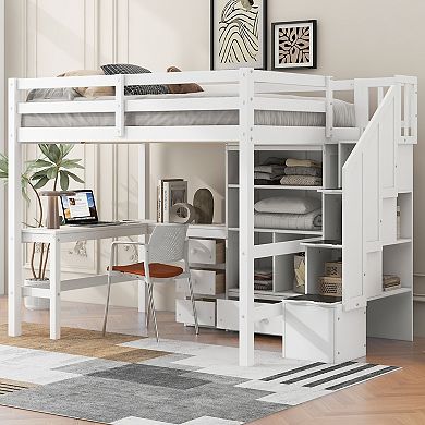 Merax Loft Bed with L-Shaped Desk and Drawers, Cabinet and Storage Staircase