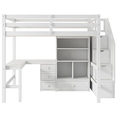 Merax Loft Bed with L-Shaped Desk and Drawers, Cabinet and Storage Staircase