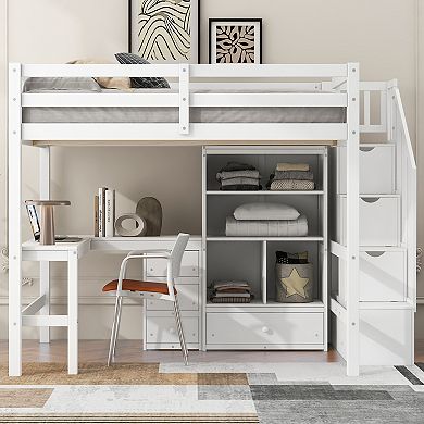 Merax Loft Bed with L-Shaped Desk and Drawers, Cabinet and Storage Staircase