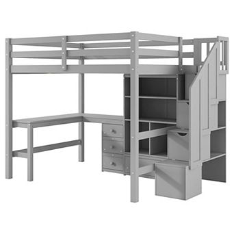 Merax Loft Bed with L-Shaped Desk and Drawers, Cabinet and Storage Staircase