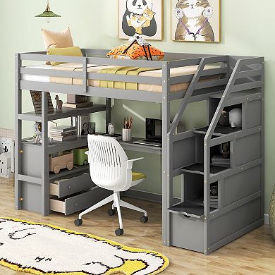 Merax Loft Bed with Desk and Shelves, Two Built-in Drawers, Storage Staircase