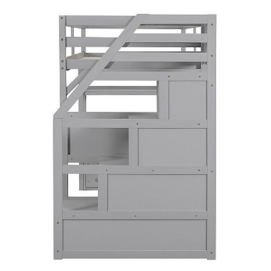 Merax Loft Bed with Desk and Shelves, Two Built-in Drawers, Storage Staircase