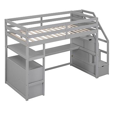 Merax Loft Bed with Desk and Shelves, Two Built-in Drawers, Storage Staircase