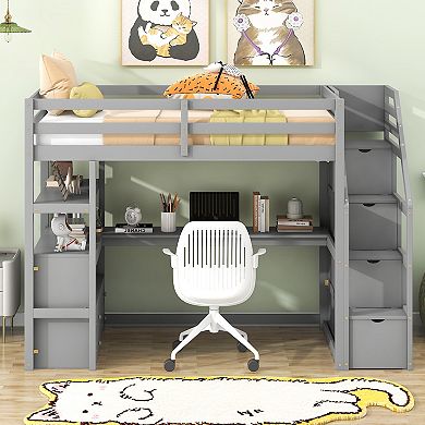 Merax Loft Bed with Desk and Shelves, Two Built-in Drawers, Storage Staircase